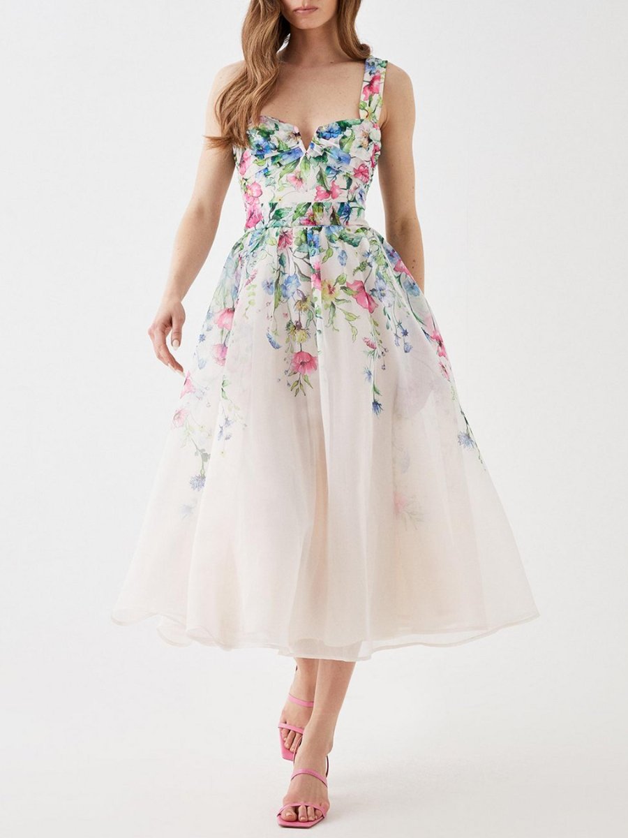 Organza Floral Notch Neck Midi Dress