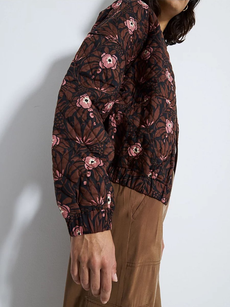 Brown Floral Quilted Cuffed Cropped Jacket