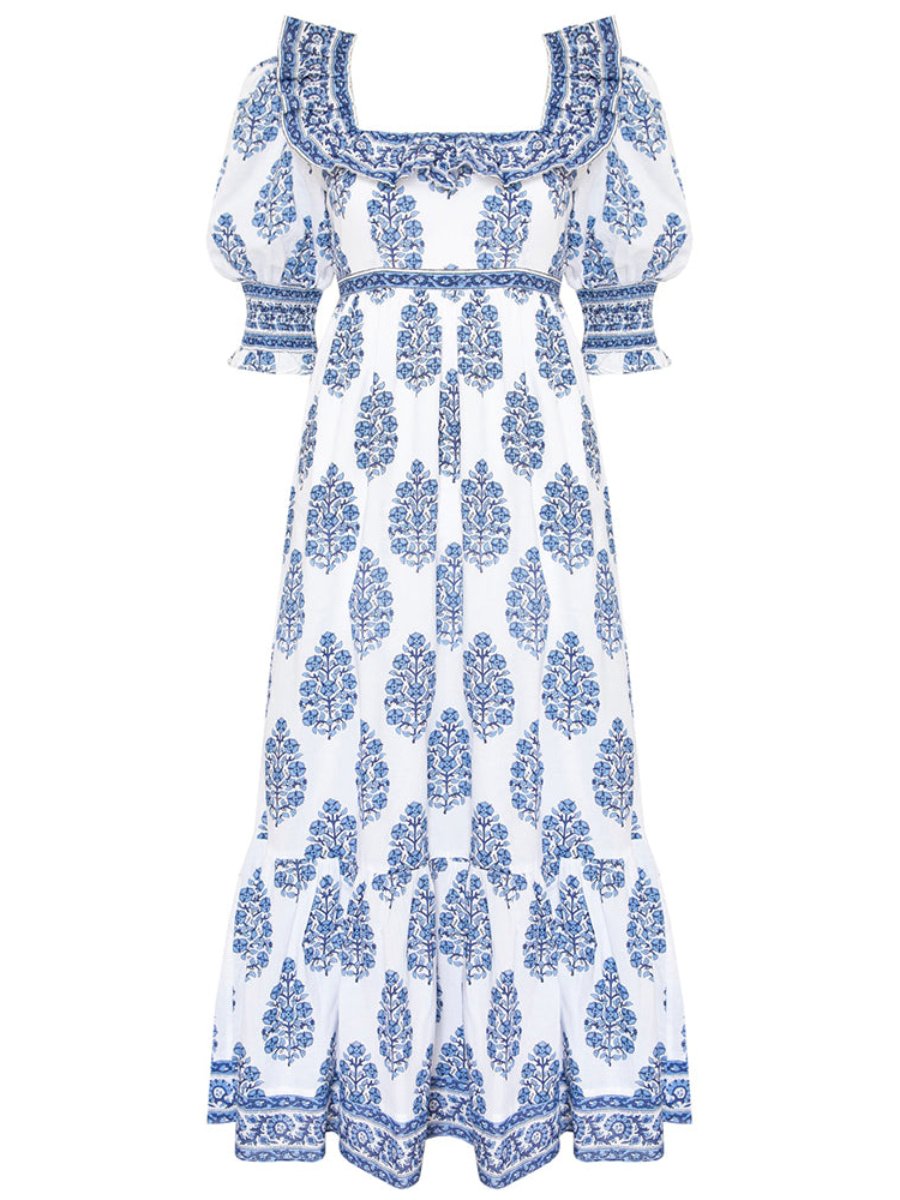 Hand-Printed Balloon Sleeves Midi Dress