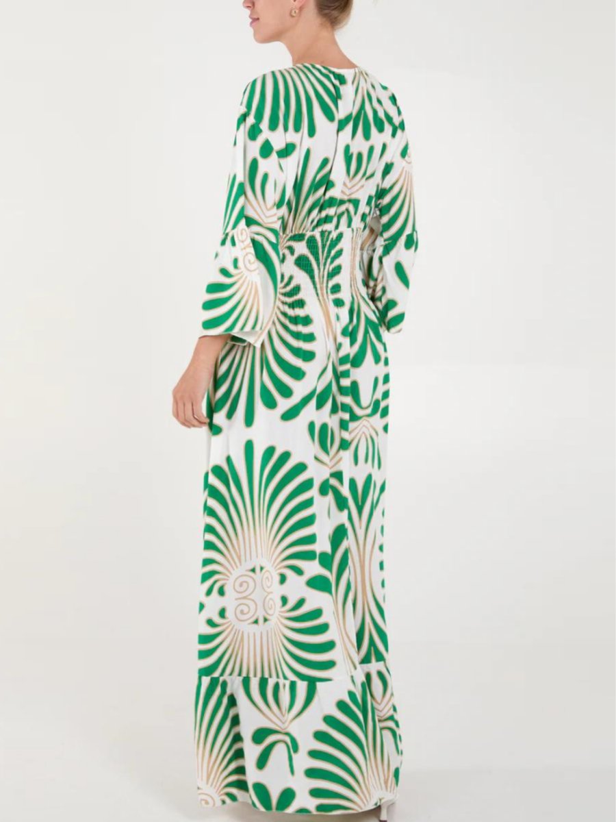 V-Neck Feather Swirl Printed Green Maxi Dress