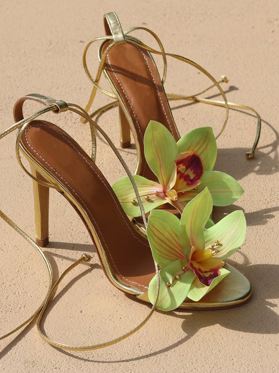 3D Green Flowers High Heel Sandals