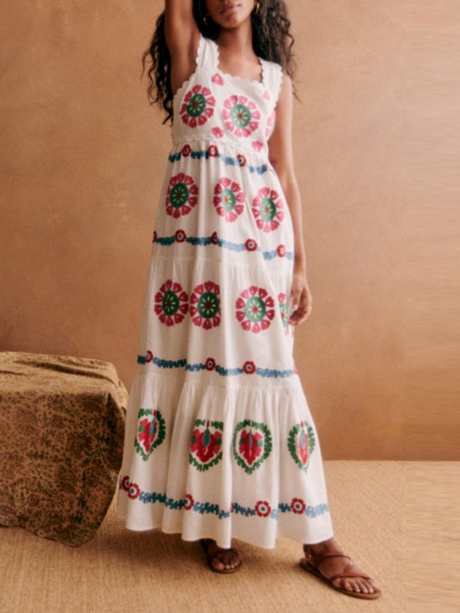 Printed Embroidered Square Collar Maxi Dress