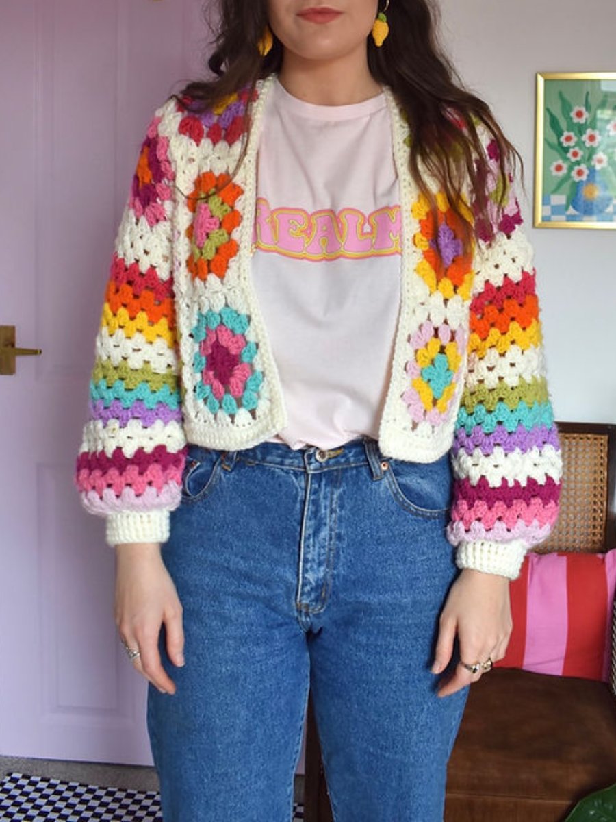 White Crocheted Granny Squares And Stripes Cardigan