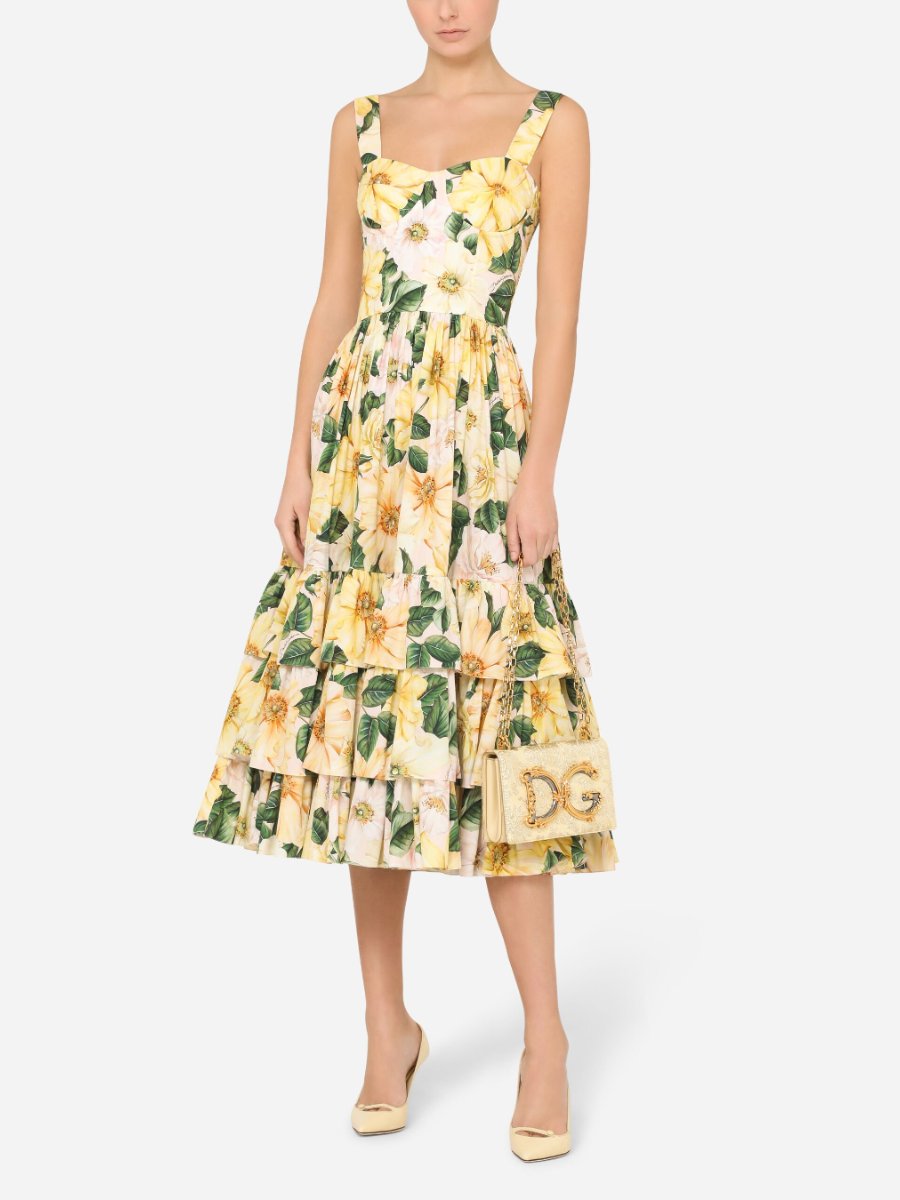 Camellia Print Cotton Midi Dress