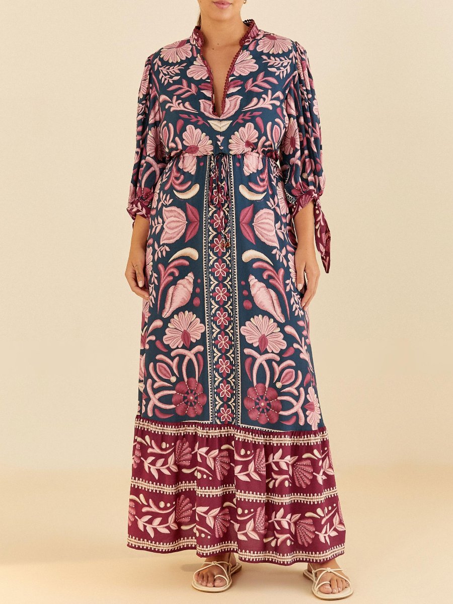 Tie Sleeve Botanical Print Maxi Dress