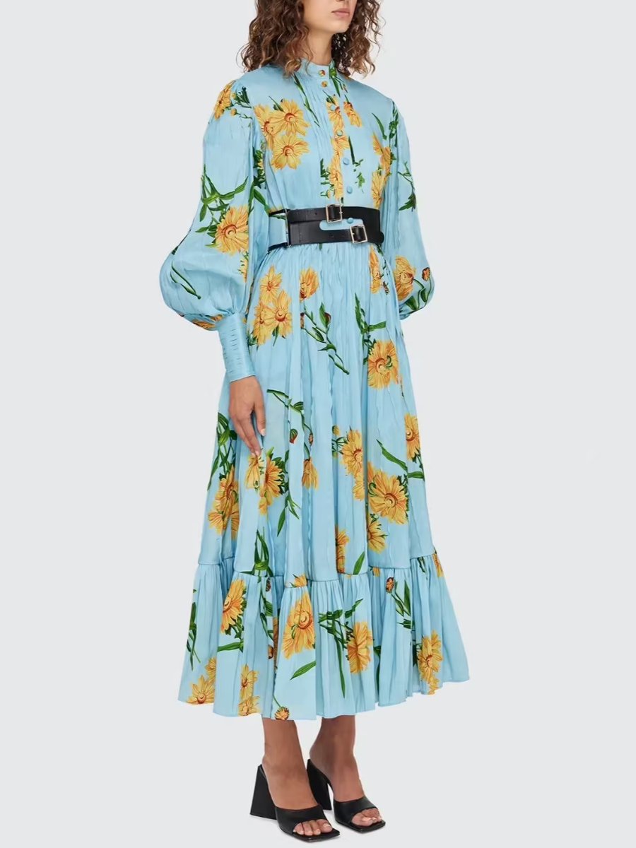 Daisy Print Blue Silk Linen Midi Dress