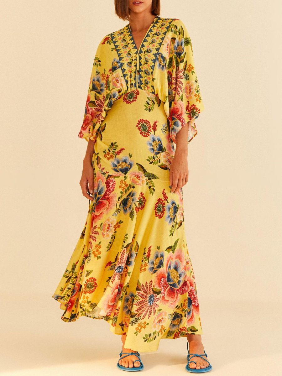 Garden Print Yellow Maxi Dress