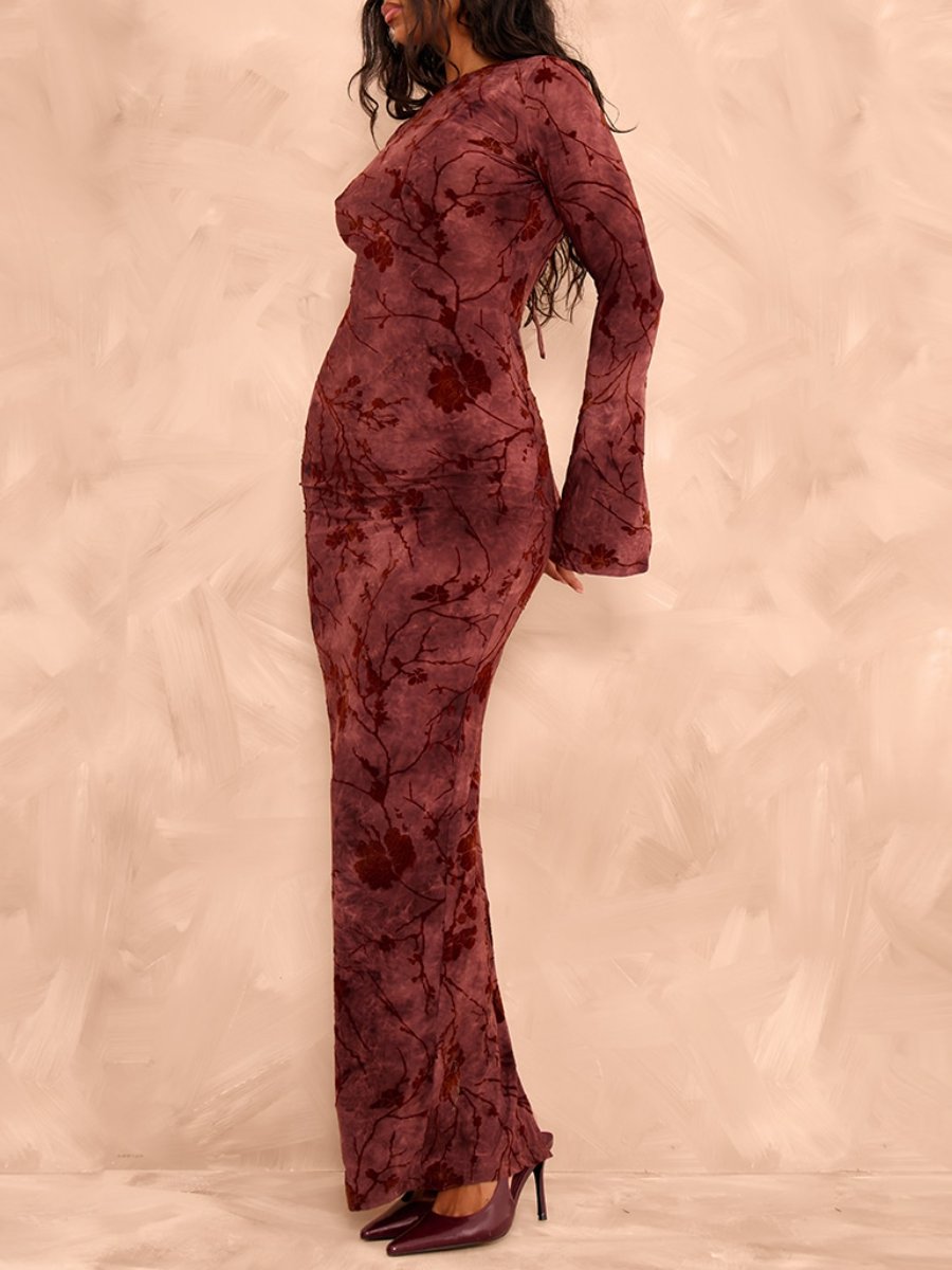 Burgundy Floral Long Sleeve Maxi Dress