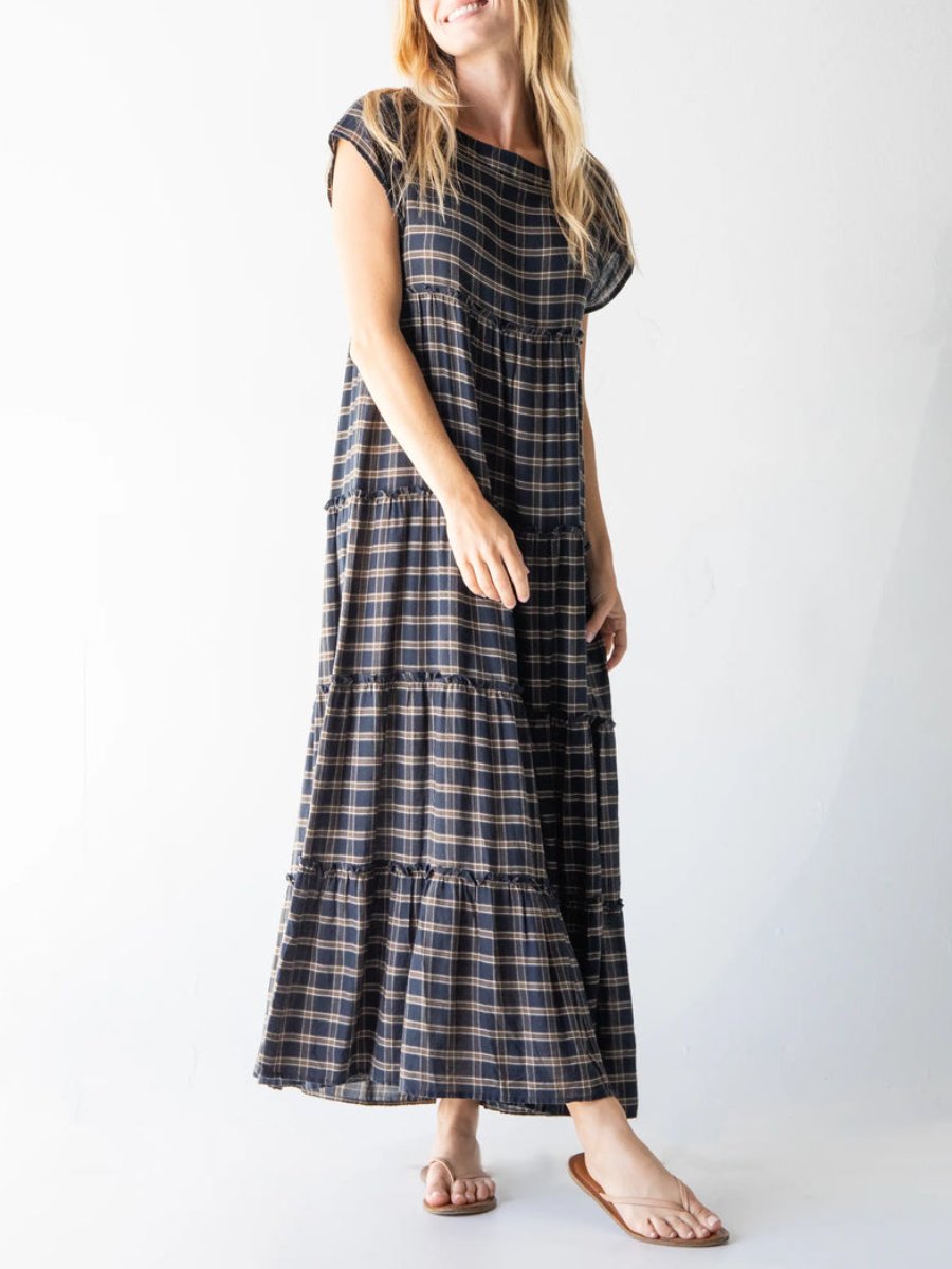 Navy Tan Plaid Berkley Maxi Dress