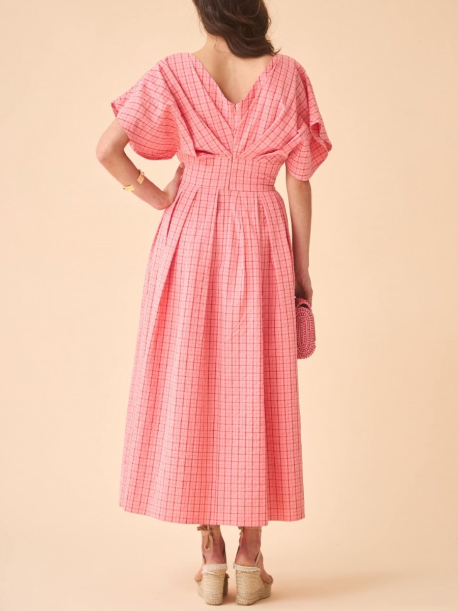 Pink Cotton Checkered Midi Dress