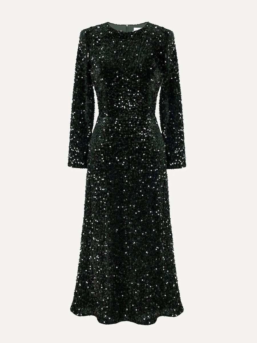 Black Sequin Decorated Long Sleeve Midi Dress