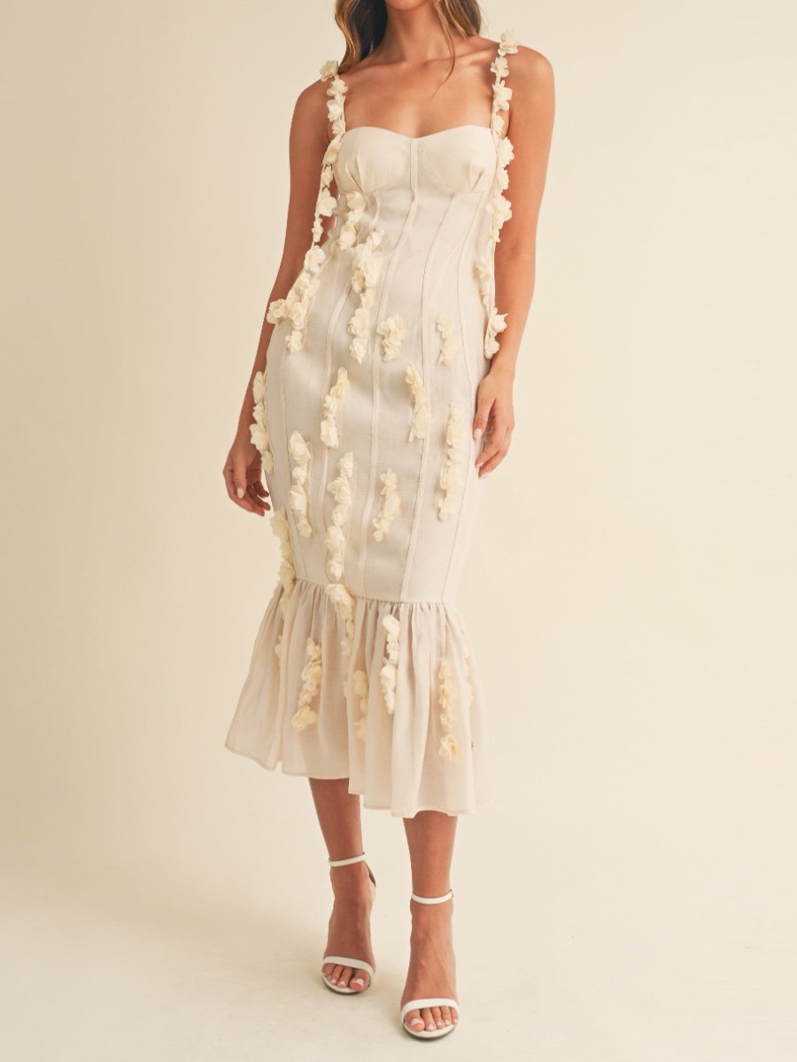 3D Floral Bustier Cream Midi Dress