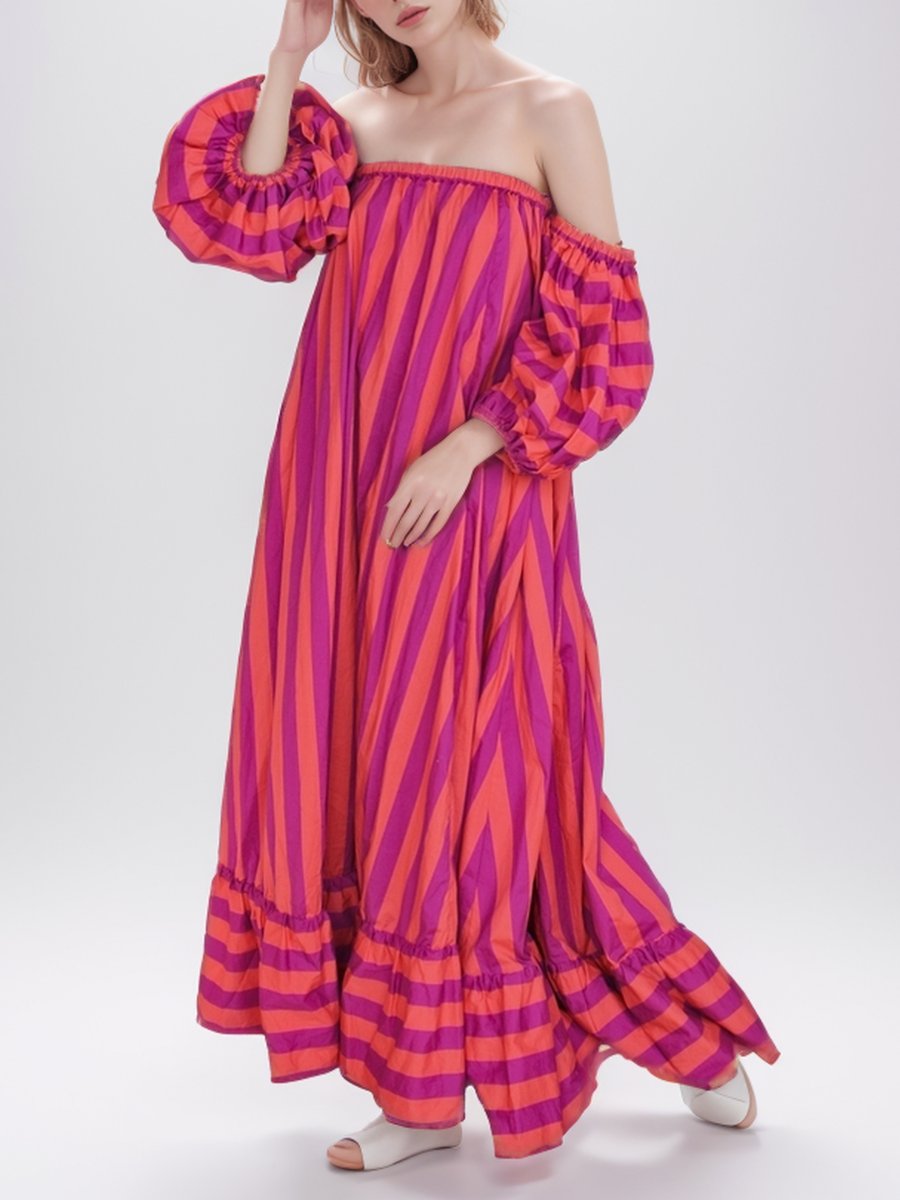 Coral Stripe Elastic Neck Maxi Dress