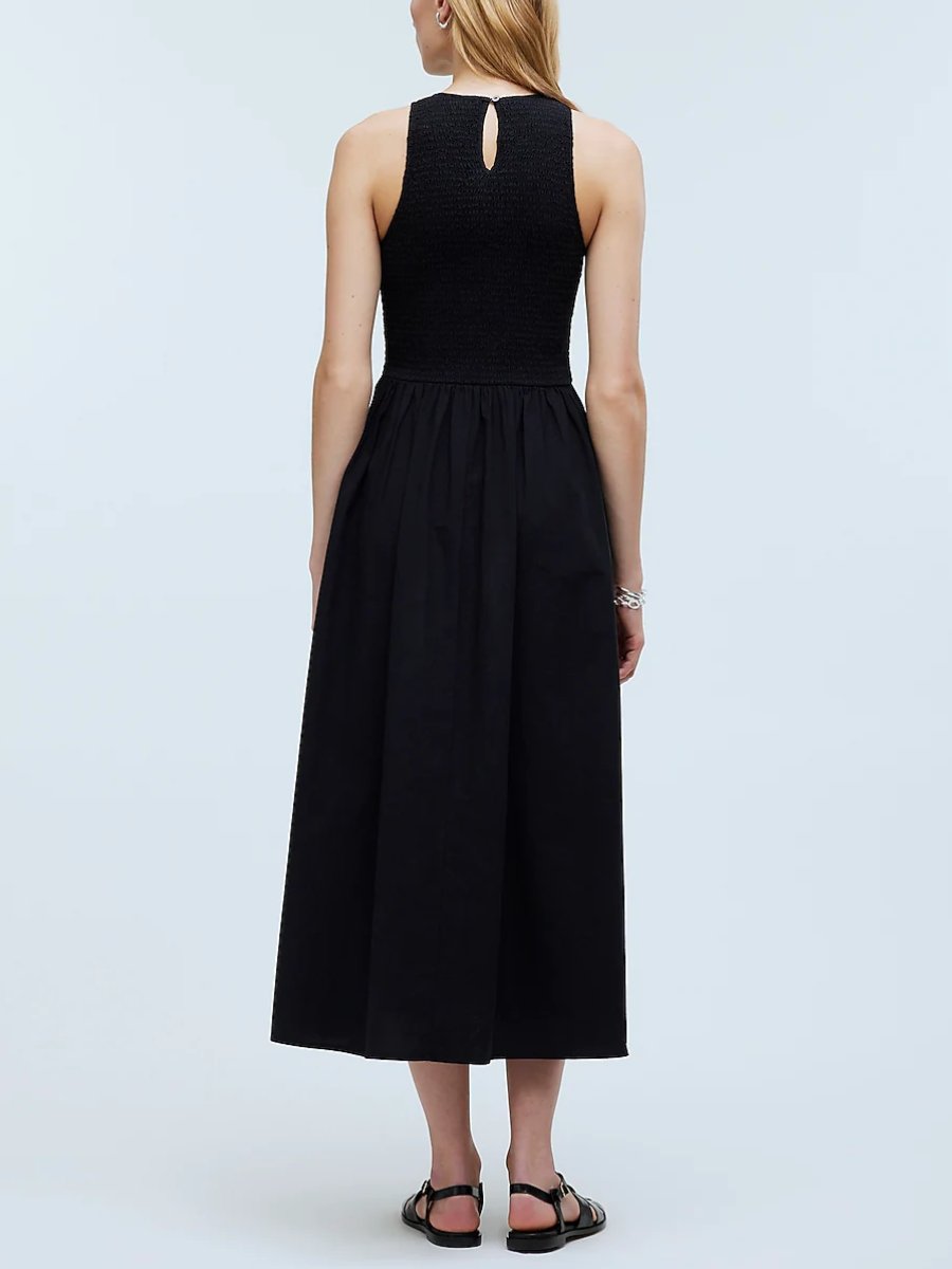 Smocked Black Midi Dress