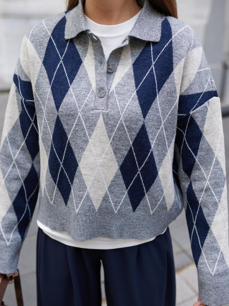 Diamond Pattern Polo Neck Sweater