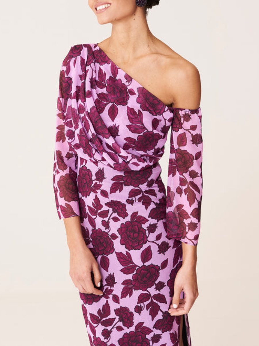 Asymmetric Neckline Floral Purple Midi Dress