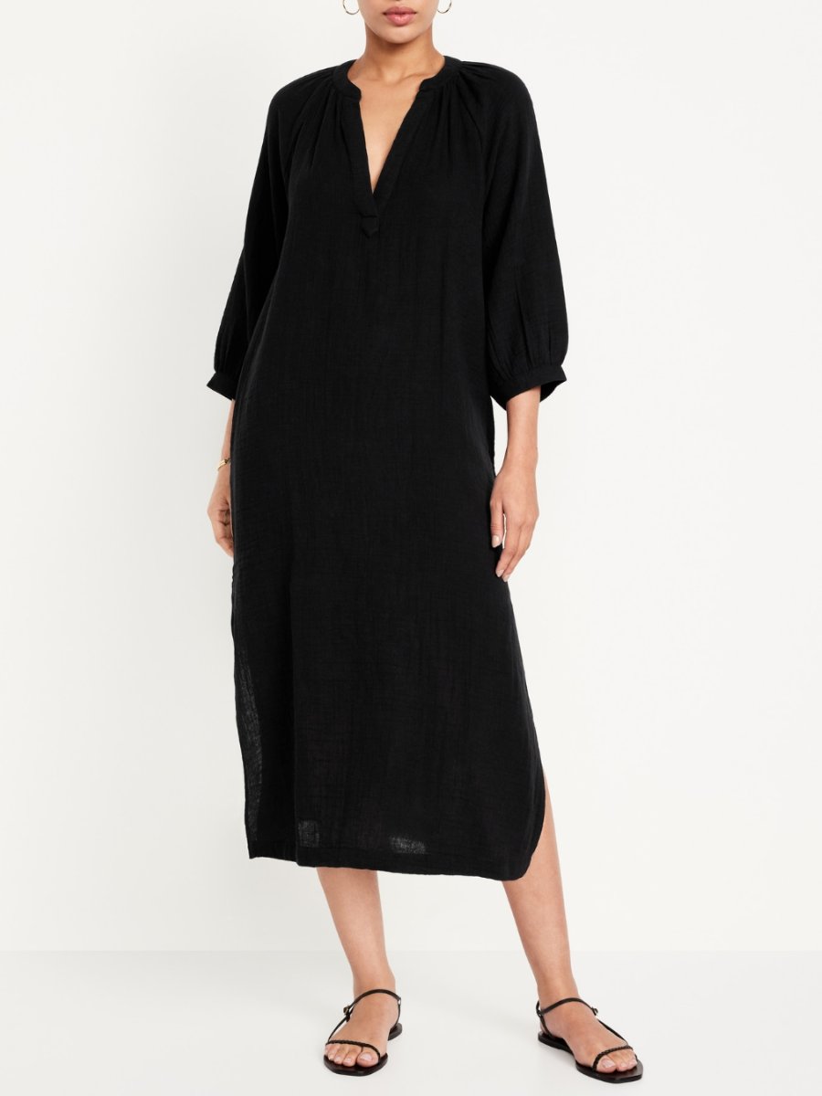 Crinkle Gauze Black Midi Dress