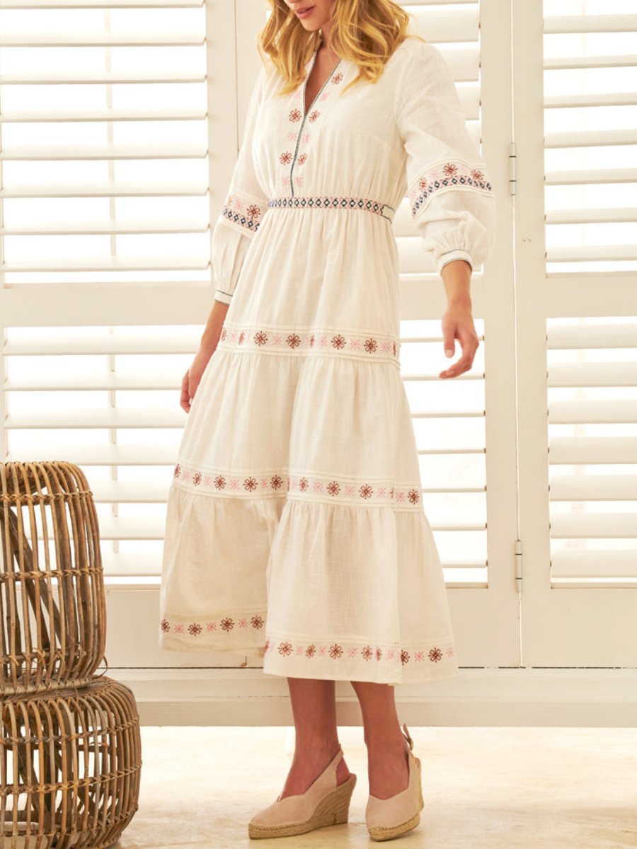 Elegance Embroidered Cotton White Maxi Dress