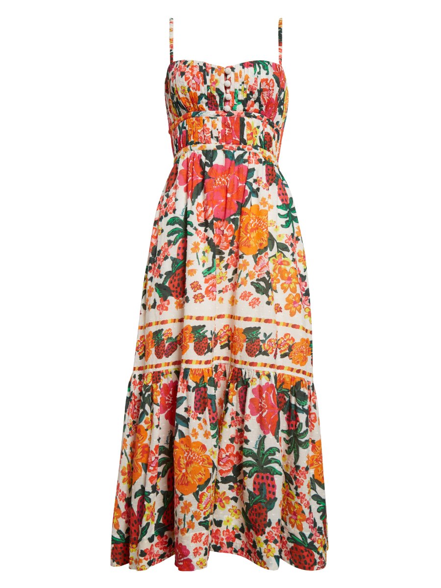 Floral Sketch Tiered Cotton Midi Dress