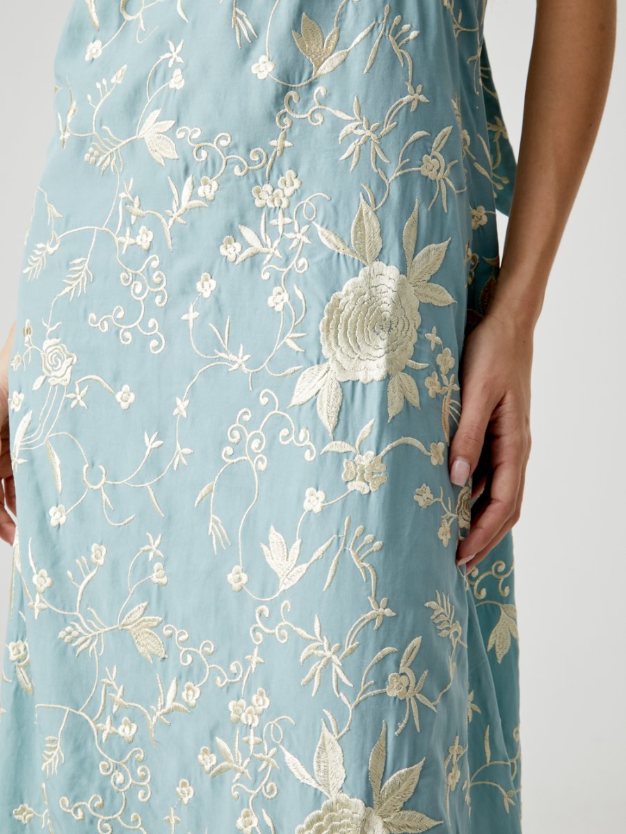 Halter Neck Embroidered Printed Midi Dress