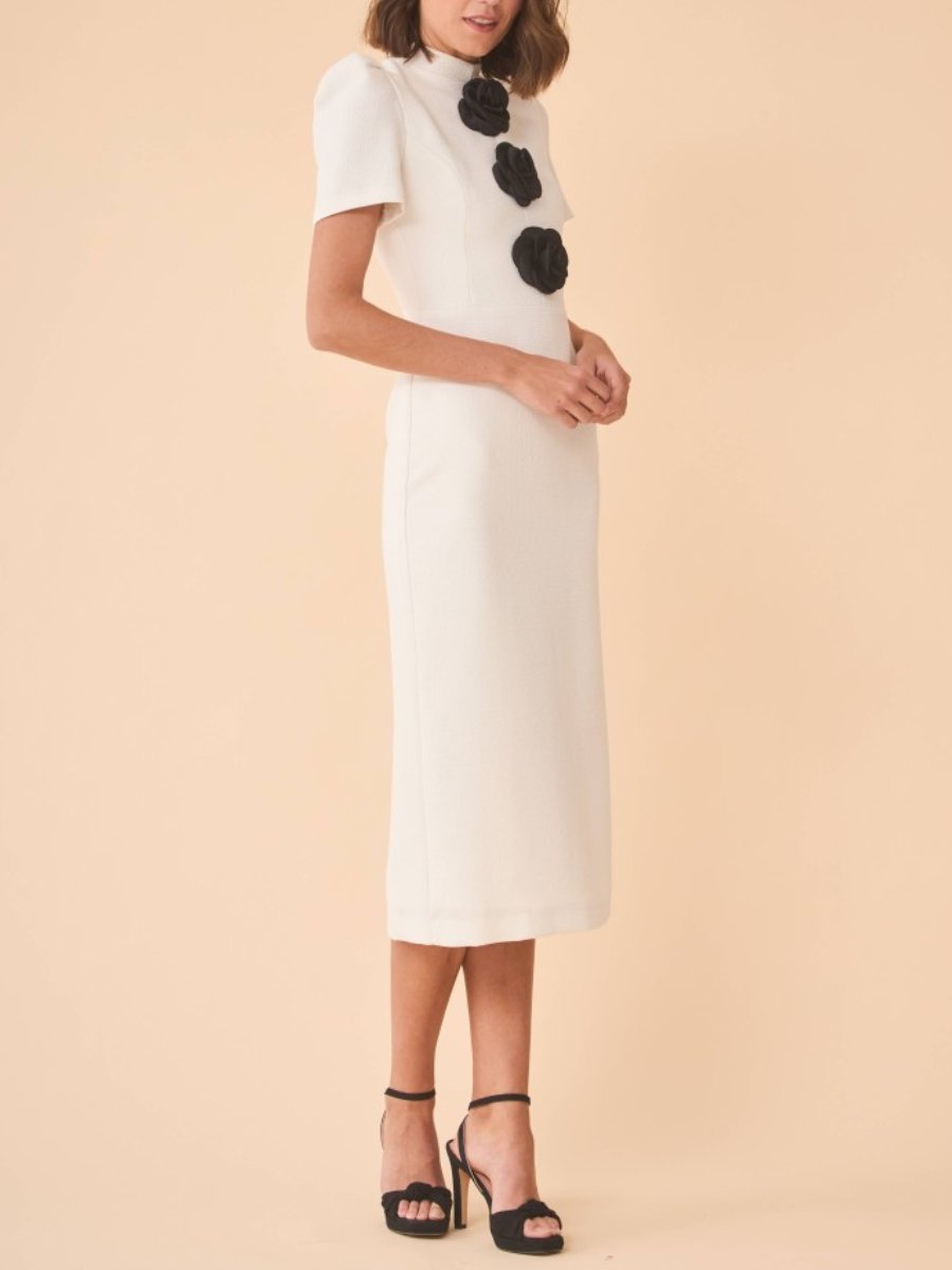 White Tweed Short Puffed Sleeves Midi Dress