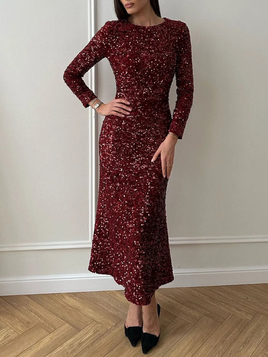 Red Sequin Decorated Long Sleeve Midi Dress