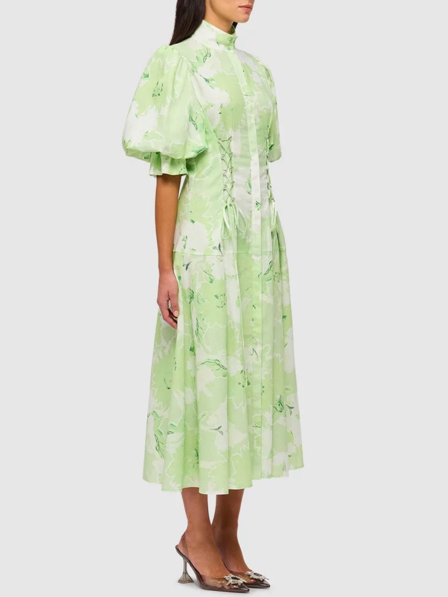 Jasmine Print Sage Drawstring Midi Dress