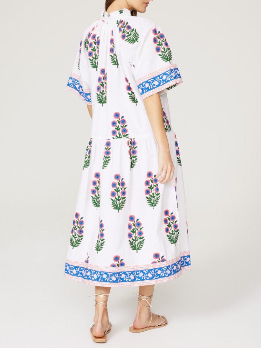 Pink Poppies Print Cotton Midi Dress