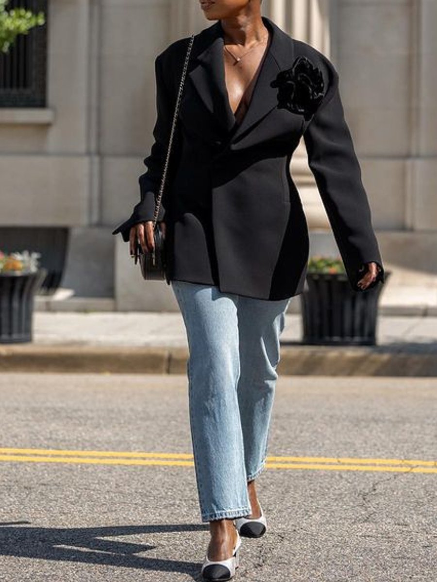 Fall Black Blazer With Flower