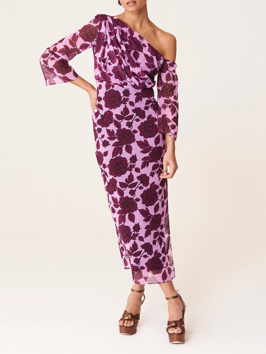 Asymmetric Neckline Floral Purple Midi Dress