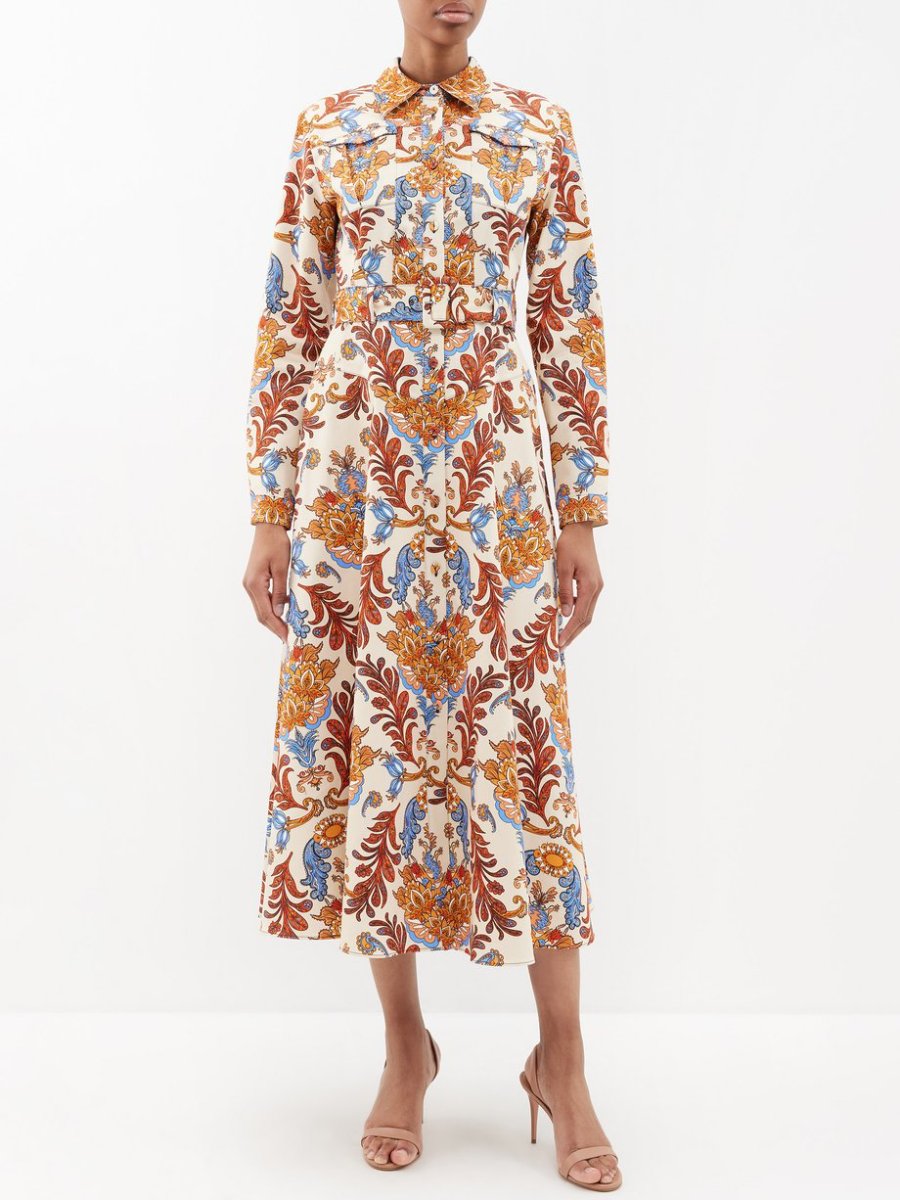 Kaleidoscopic Printed Twill Shirt Cream Midi Dress