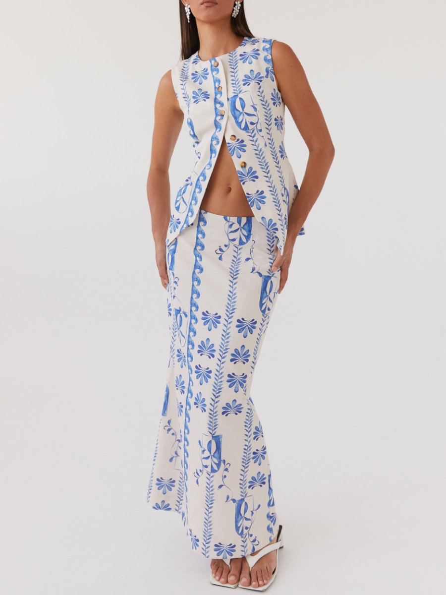 Flower Linen Blue Maxi Dress With Skirt