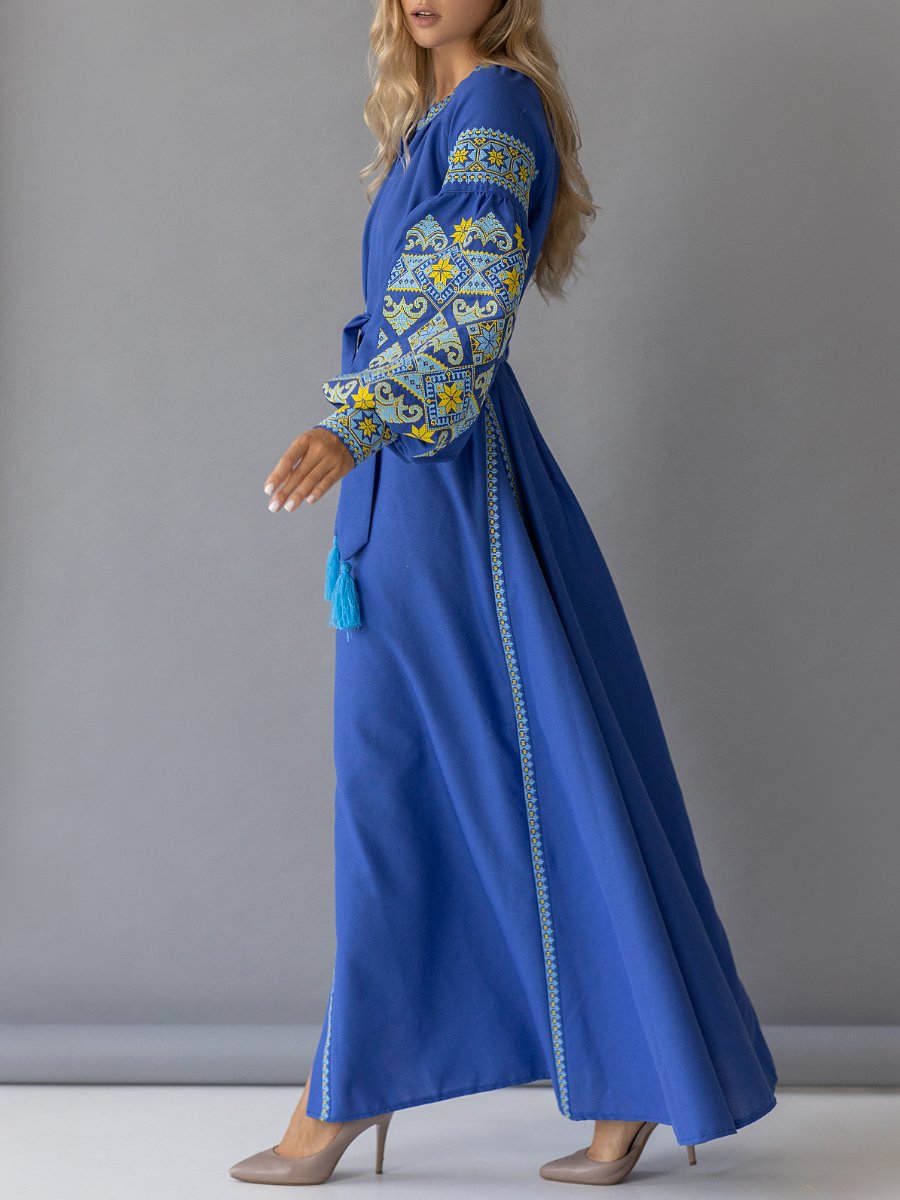 Embroidered Cotton Blue Maxi Dress