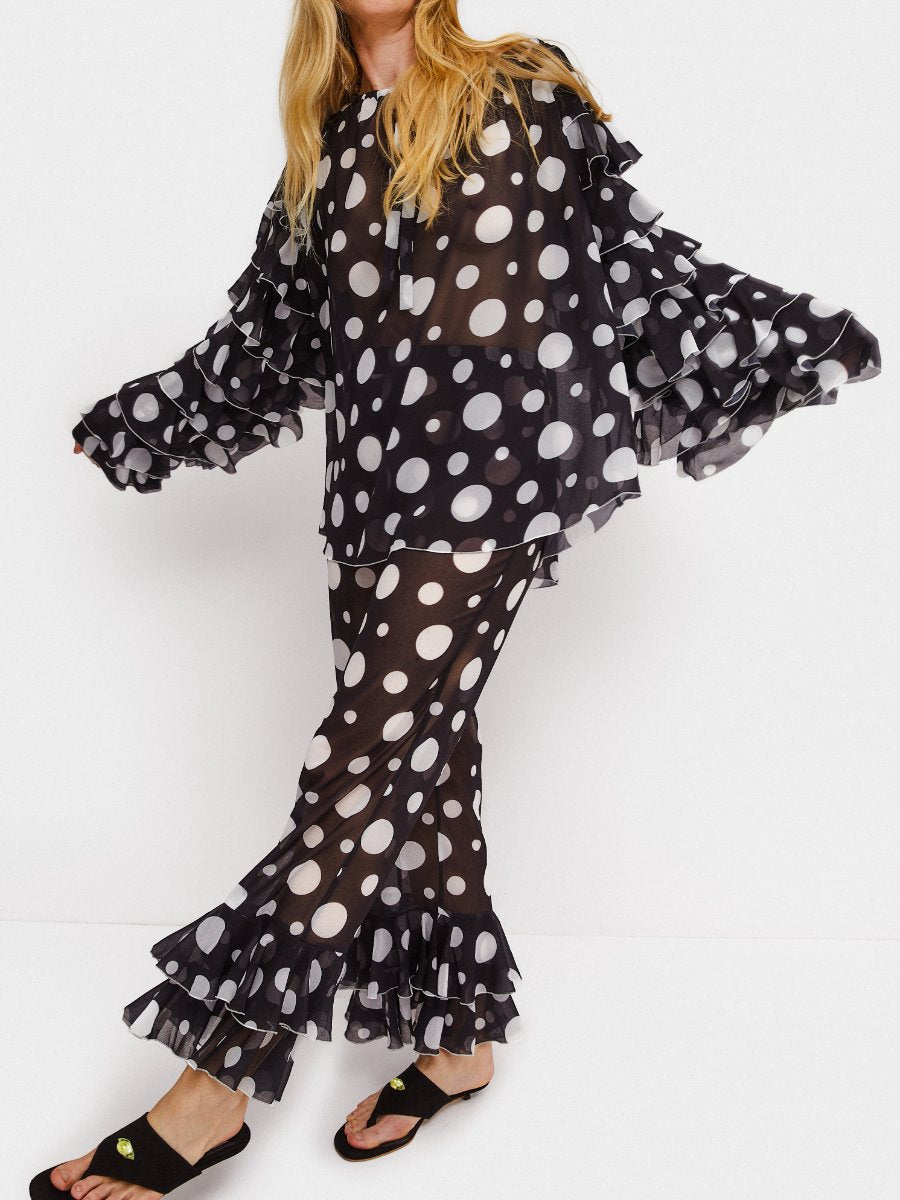 Ruffled Chiffon Polka-Dot Shirt With Pants