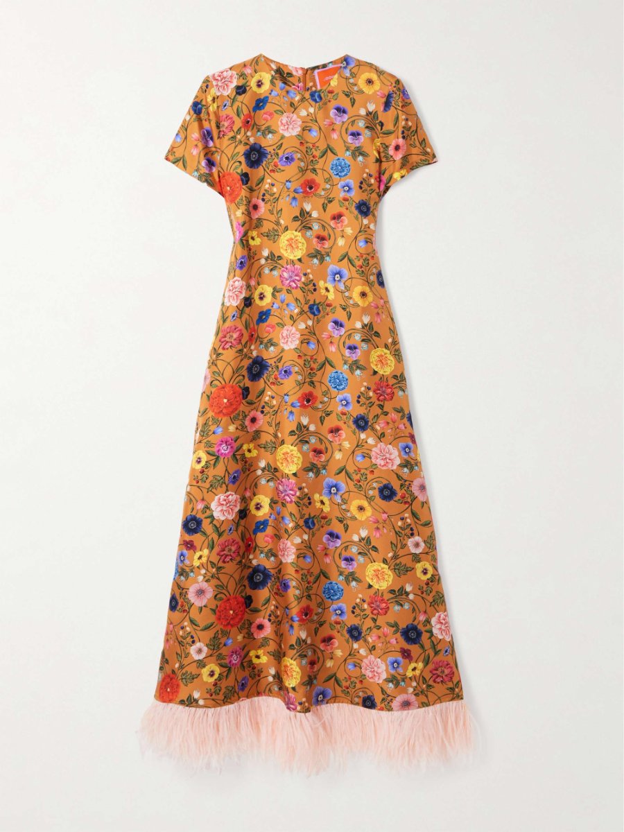 Feather Trimmed Floral Print Silk Maxi Dress