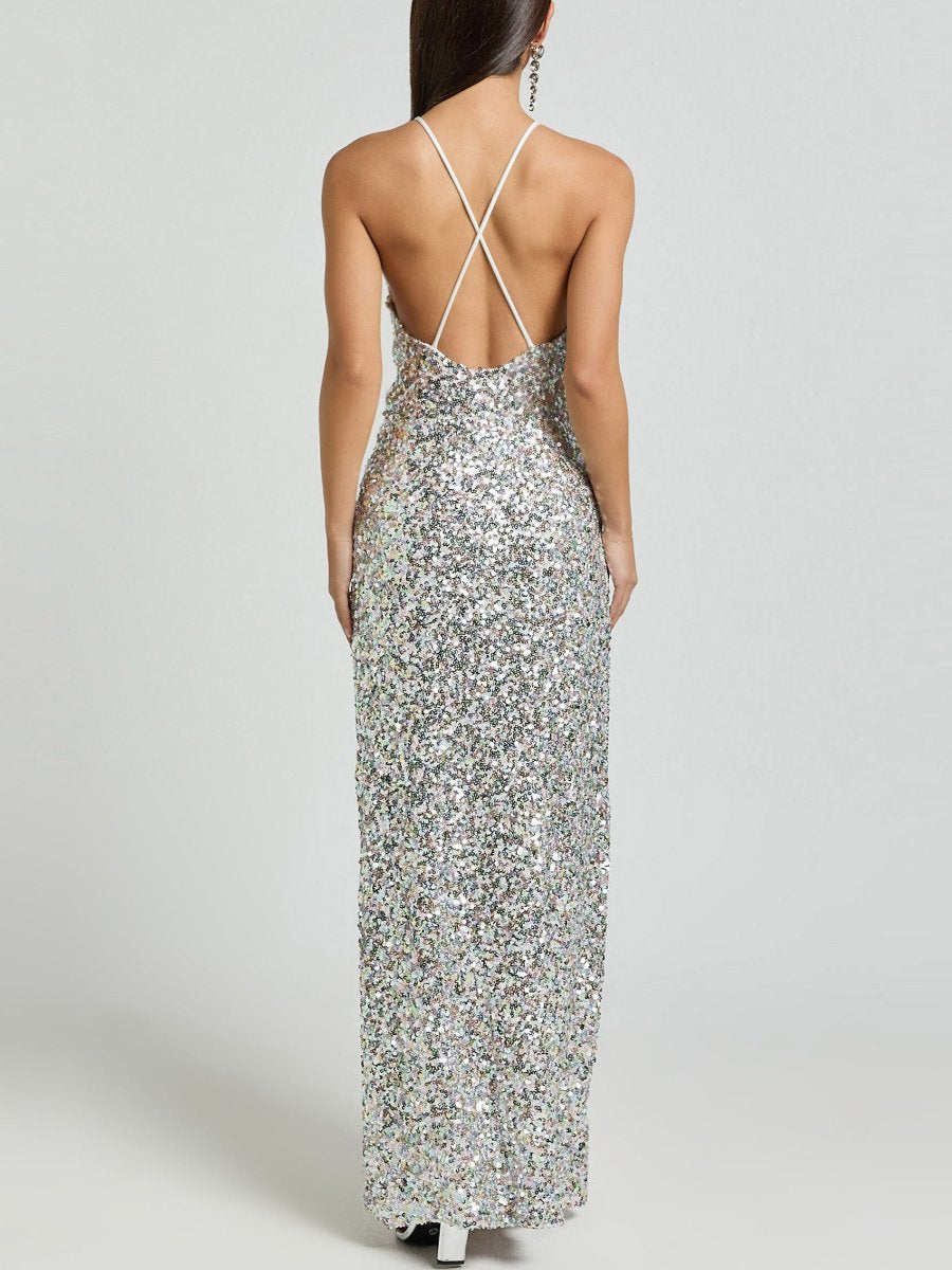 Halter Neck Cross Back Sequin Maxi Dress