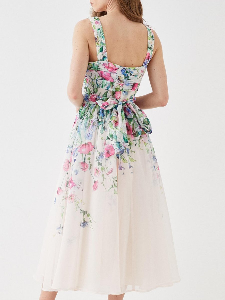 Organza Floral Notch Neck Midi Dress