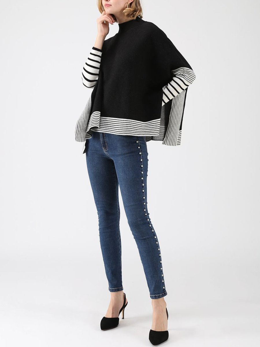 Lie In Black Fields Striped Oversize Knit Cape Sweater