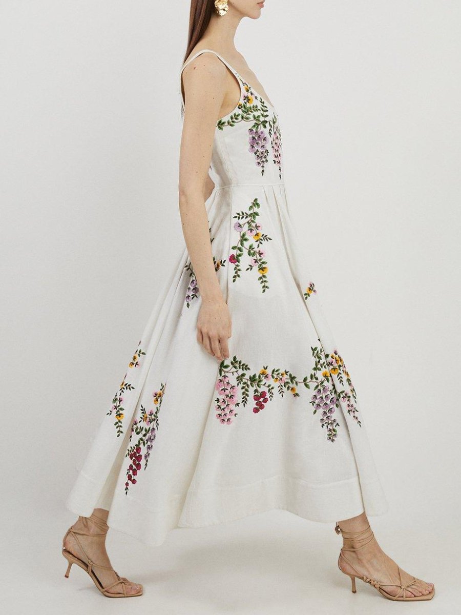 Floral Embroidered Cotton Midi Dress