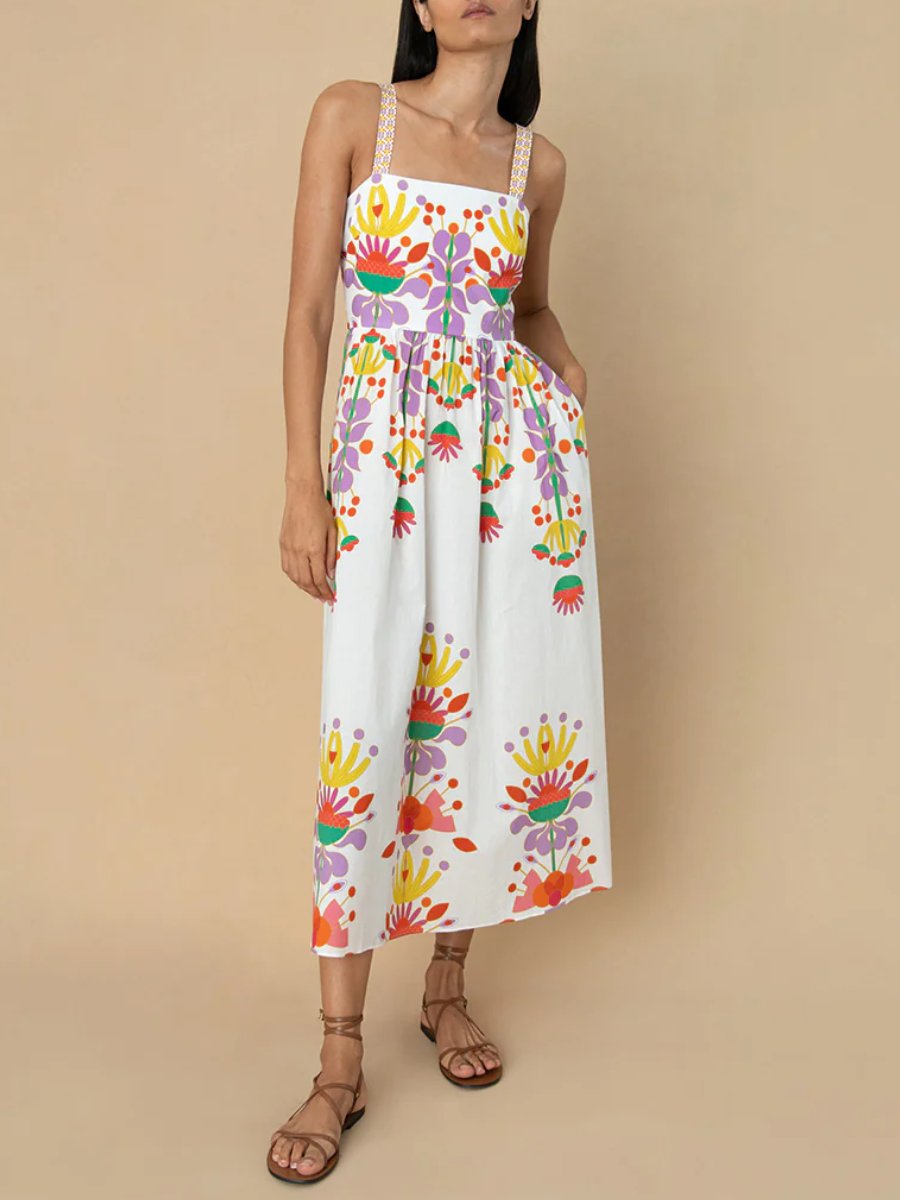 Playful Floral Print Cotton Midi Dress