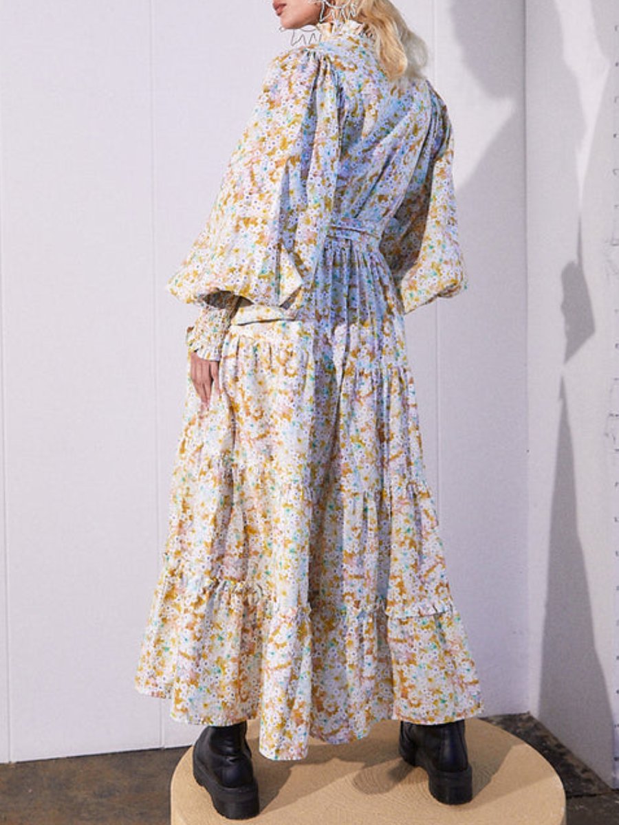 Multicolor Floral Stand Collar Maxi Dress