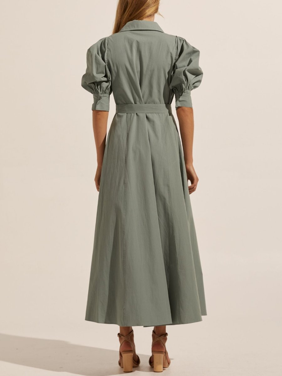 Blouson Sleeve Sage Midi Dress