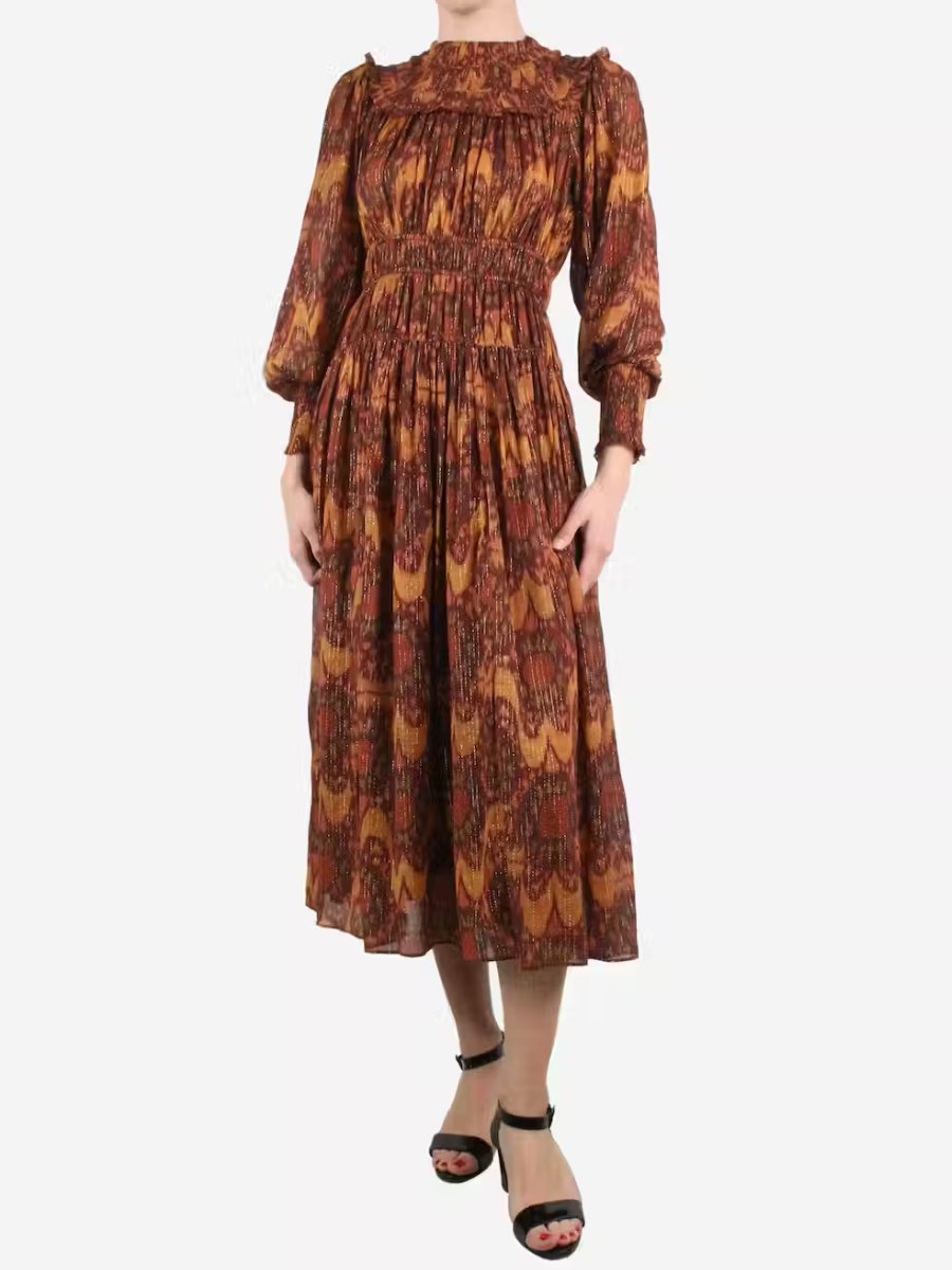 Orange Puff Sleeved Printed Midi Dress