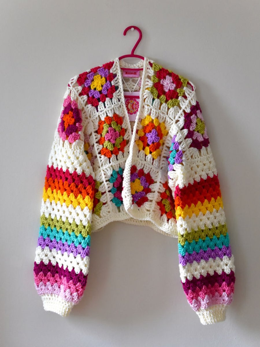 White Crocheted Granny Squares And Stripes Cardigan