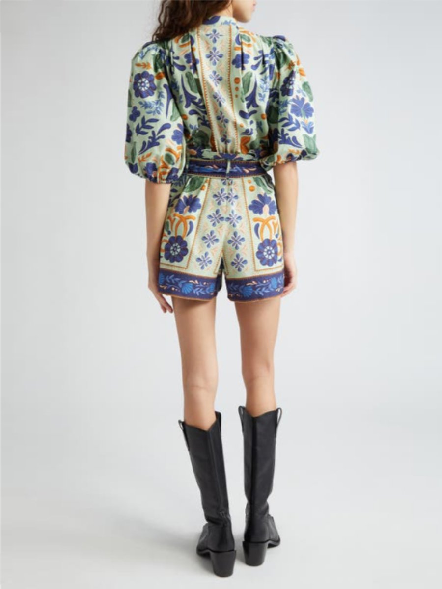 Ocean Tapestry Puff Sleeve Cotton Romper