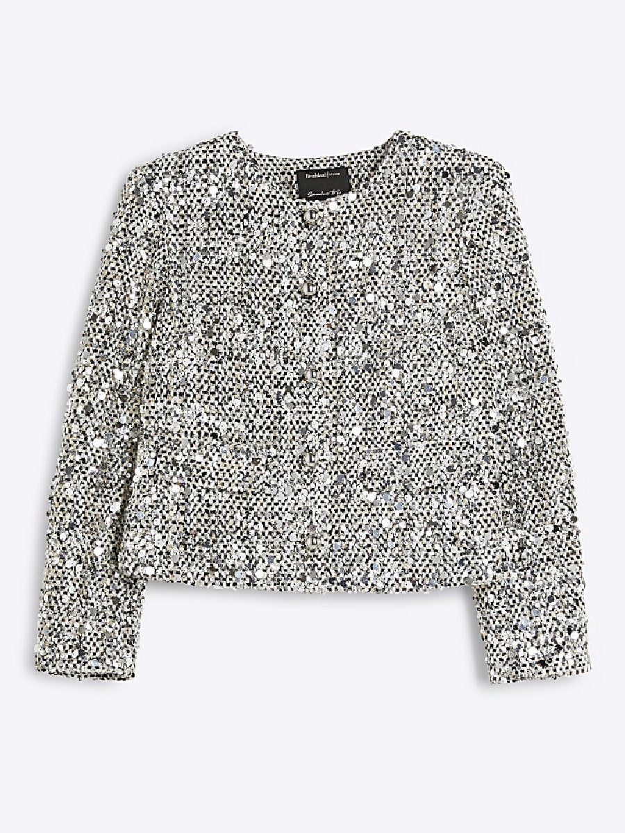 Silver Sequin Collarless Jacket