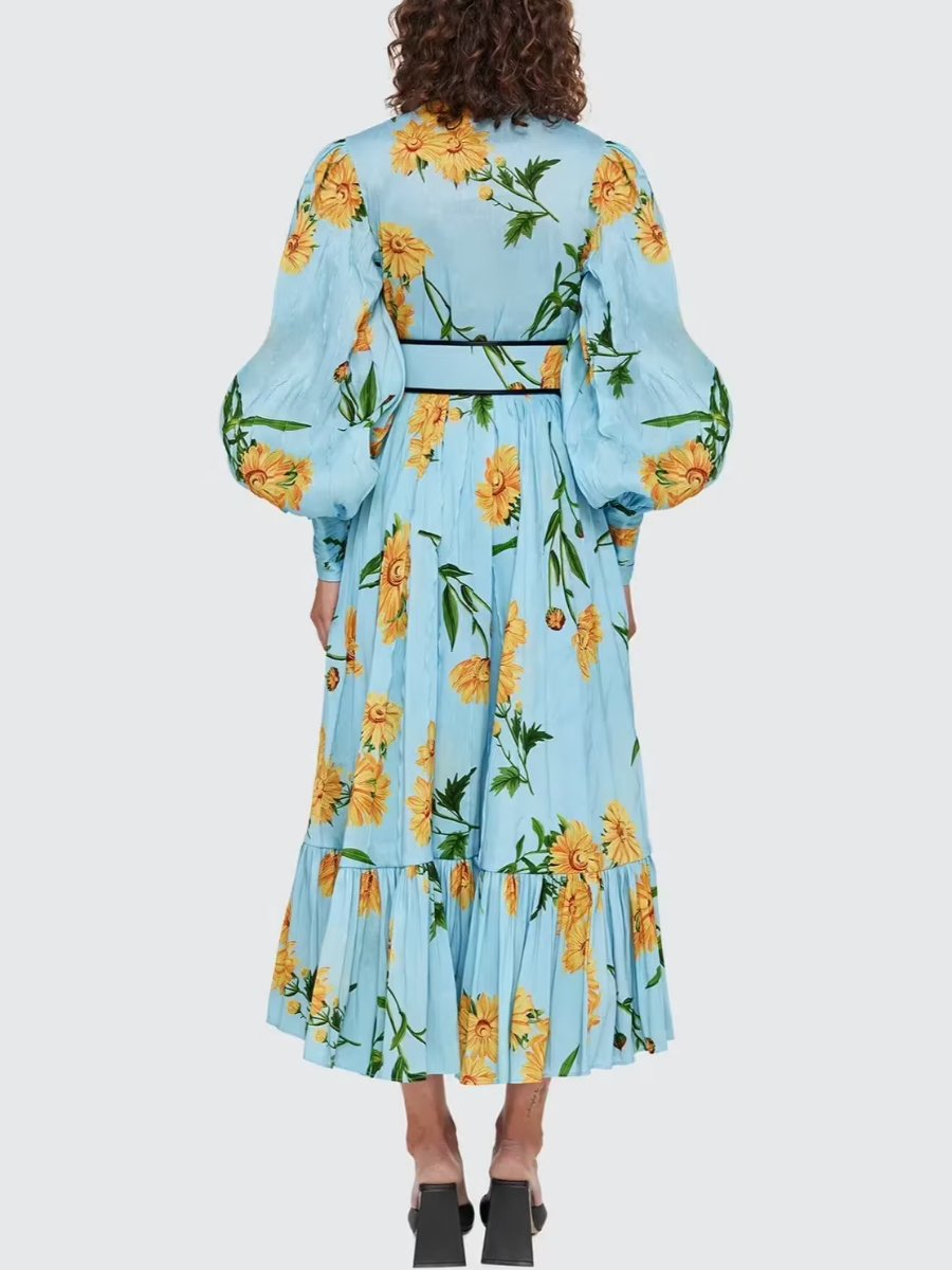 Daisy Print Blue Silk Linen Midi Dress