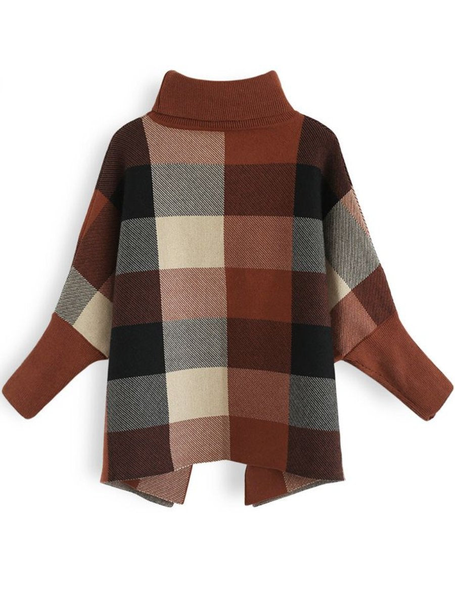 Lie In Check Fields Turtleneck Cape Caramel Sweater