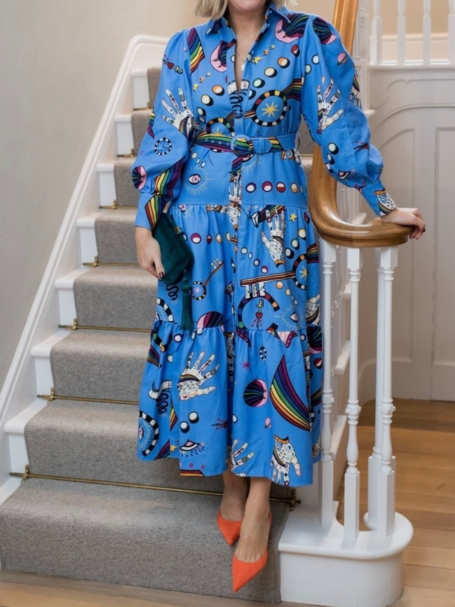 Blue Fun Printed Shirt Maxi Dress