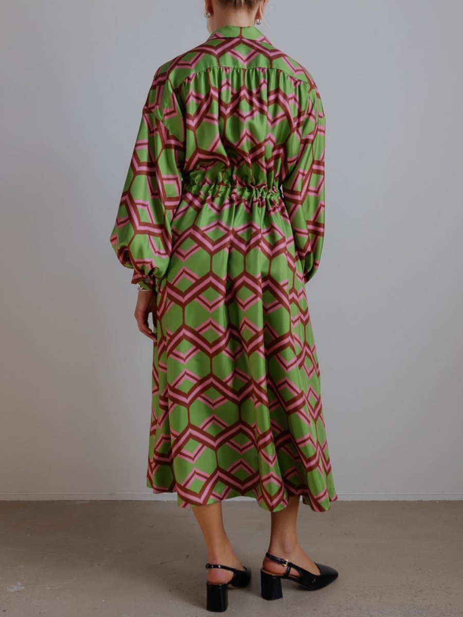 Vintage Geometric Pattern Silk Midi Dress